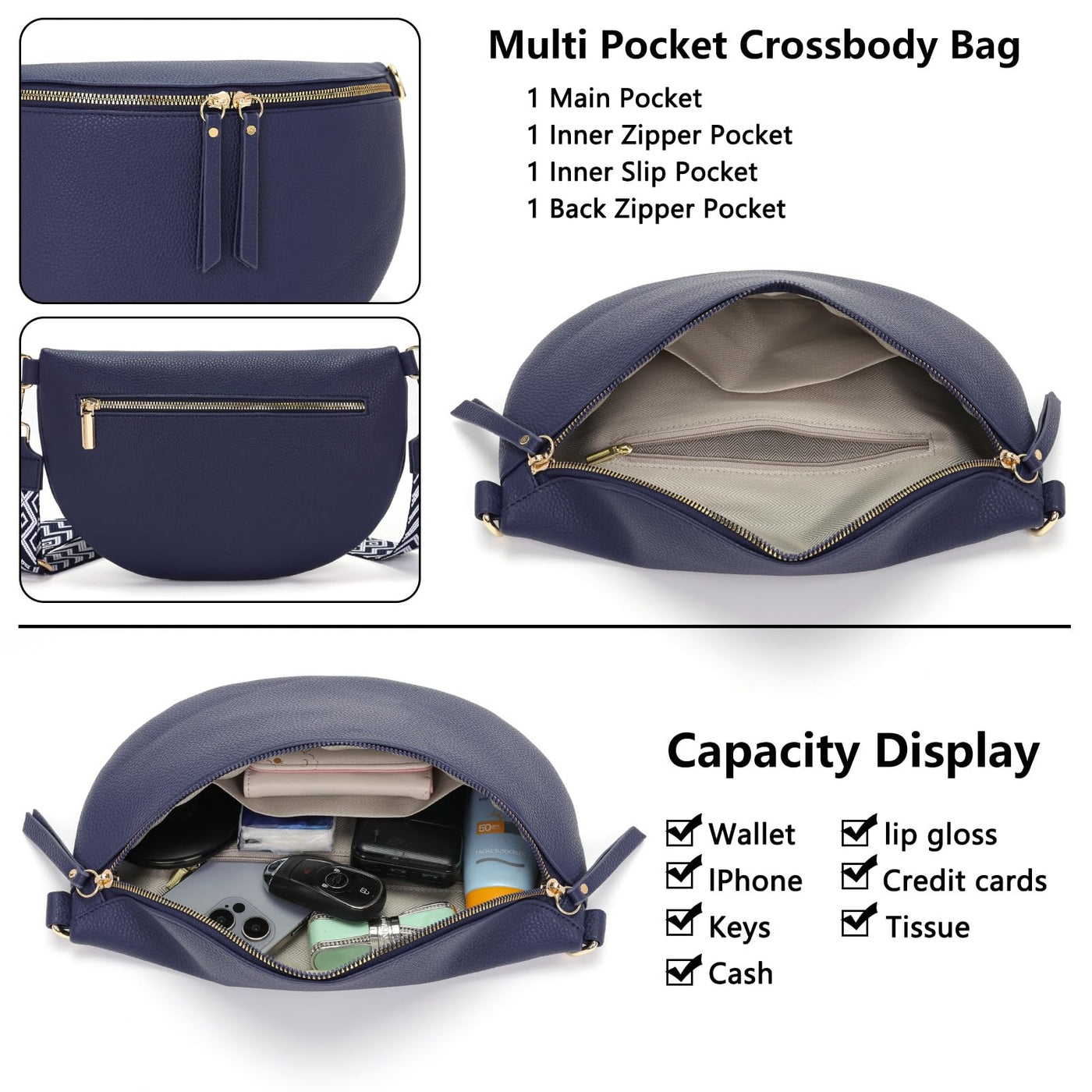 Grand sac banane en cuir végétal sac à bandoulière sac à bandoulière stylisé avec une large sangle