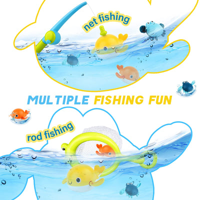 Bath toy, fishing game with 4 pieces of wind-up bath toy, fishing net, floating pool bathtub toy