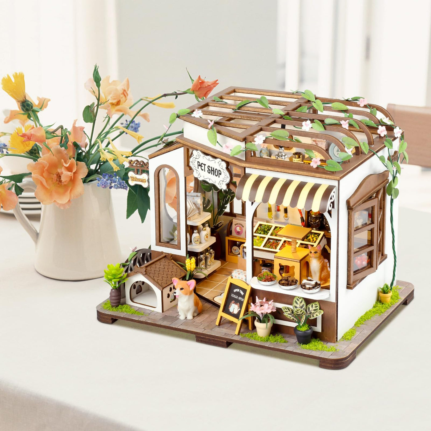 Dollhouse miniature kit, dollhouse kit with pet house, craft miniature model kits for birthday Christmas