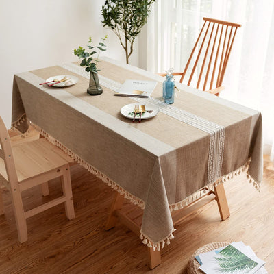 Stain-resistant rectangular tablecloth made of cotton linen with tassel edge wipeable made of powder for the dining table