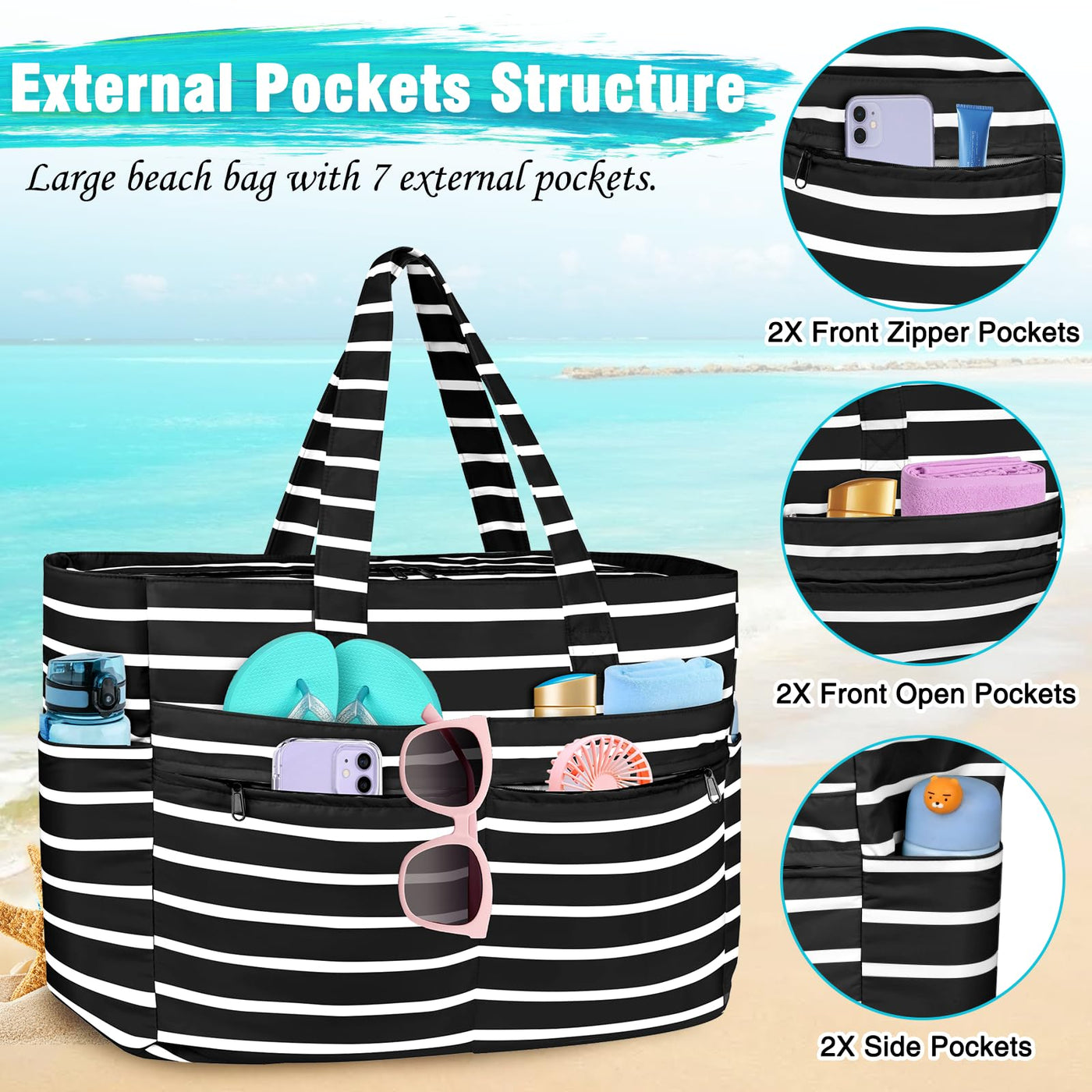 Grand sac de plage imperméable avec fermeture éclair