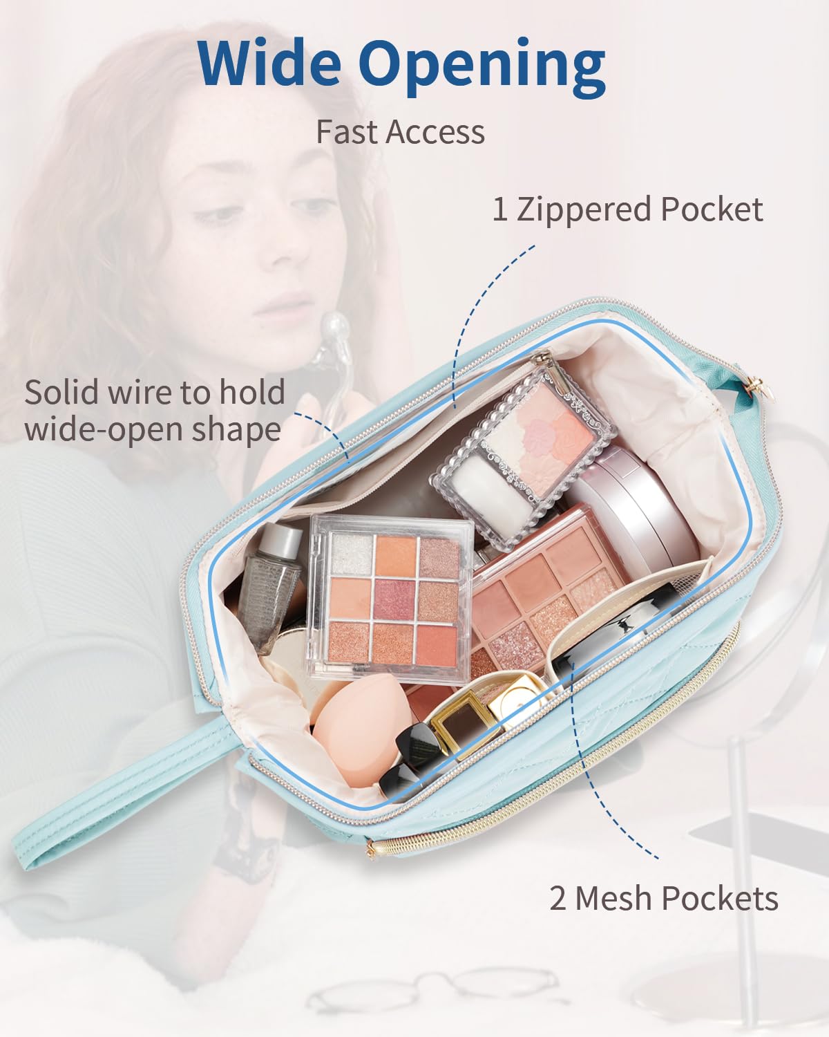 Grande trousse de maquillage, trousse de maquillage à large ouverture pour le maquillage et les voyages