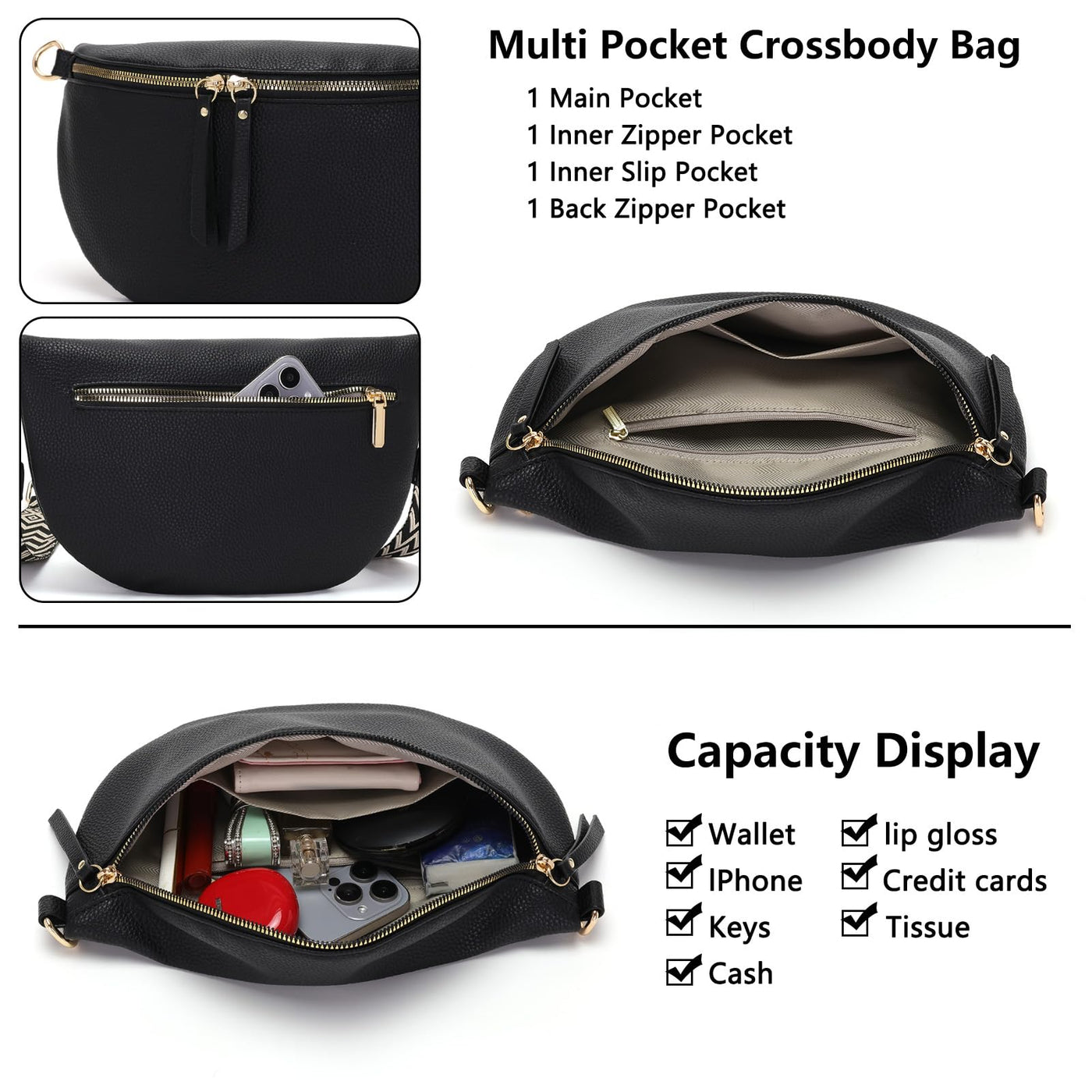 Grand sac banane en cuir végétal sac à bandoulière sac à bandoulière stylisé avec une large sangle