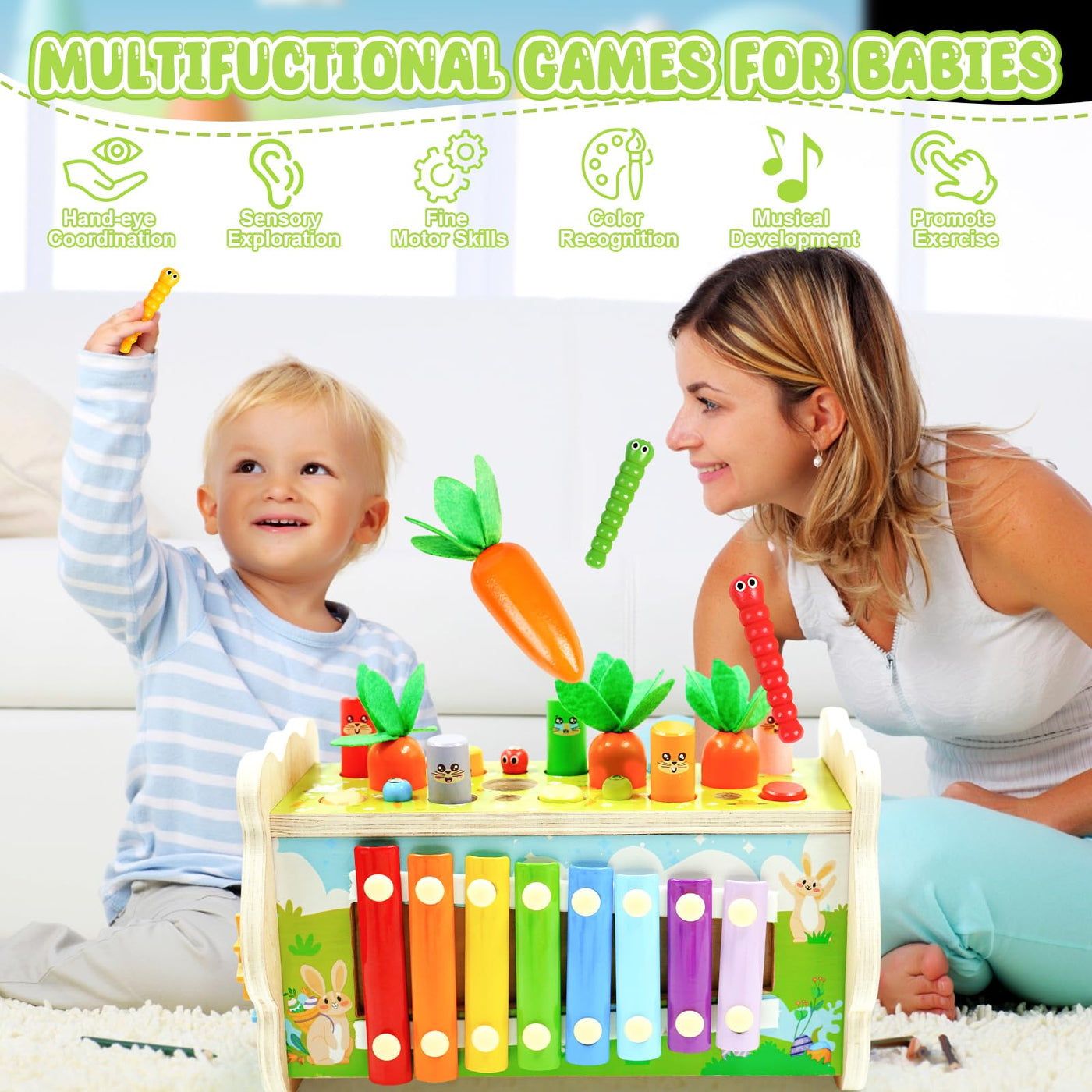 8 in 1 wooden toy baby hammer game with xylophone children, fishing game educational toy motor skills toy