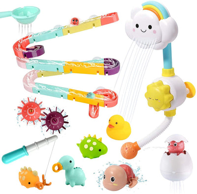 Bath toy, bathtub toy set with water shower, ball track, fishing game, floating squirting toy