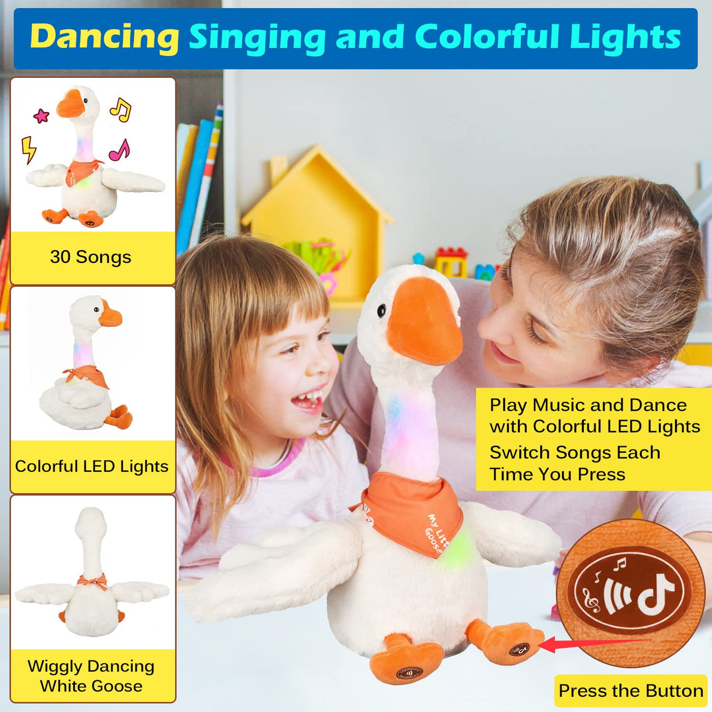 talking dancing goose that repeats what you say, imitates, recording, plush, baby toy, musical English songs, sings