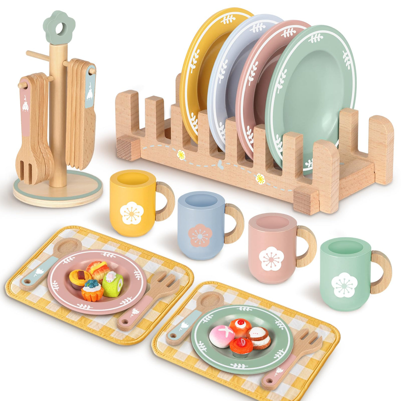 Service à Thé Accessoires De Cuisine Pour Enfants En Bois, 30 Pièces Service à Thé Accessoires de Cuisine pour Enfants en Bois avec Petits Gâteaux et Pâtisseries, Service à Thé