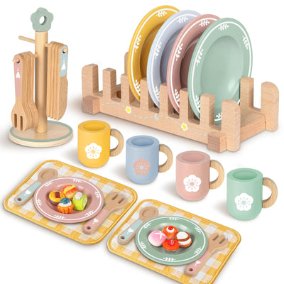 Service à Thé Accessoires De Cuisine Pour Enfants En Bois, 30 Pièces Service à Thé Accessoires de Cuisine pour Enfants en Bois avec Petits Gâteaux et Pâtisseries, Service à Thé