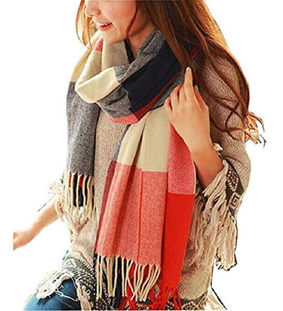 Plaid triangle scarf winter, pashmina scarf soft tassel wrap scarf