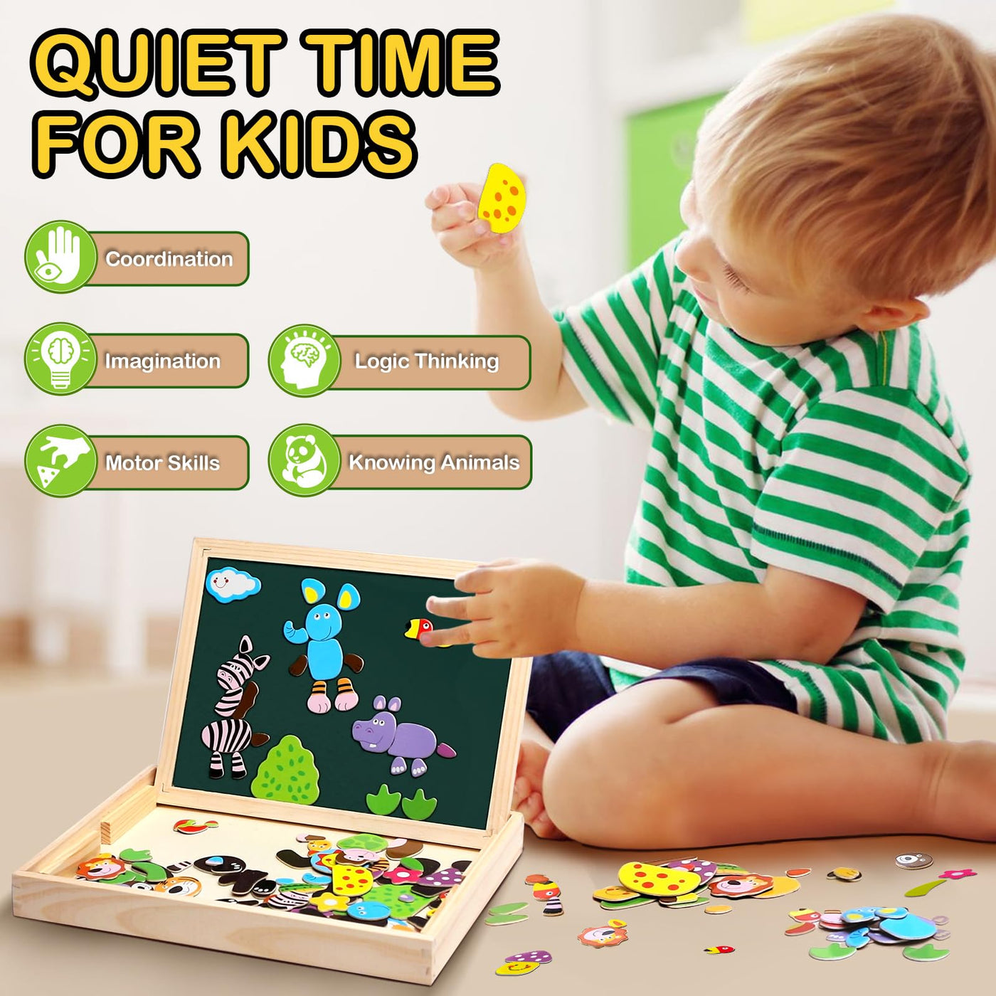 Magnetic wooden puzzles, double-sided magnetic drawing board with 3 color markers for children