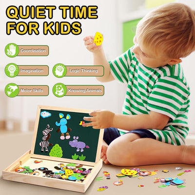 Magnetic wooden puzzles, double-sided magnetic drawing board with 3 color markers for children