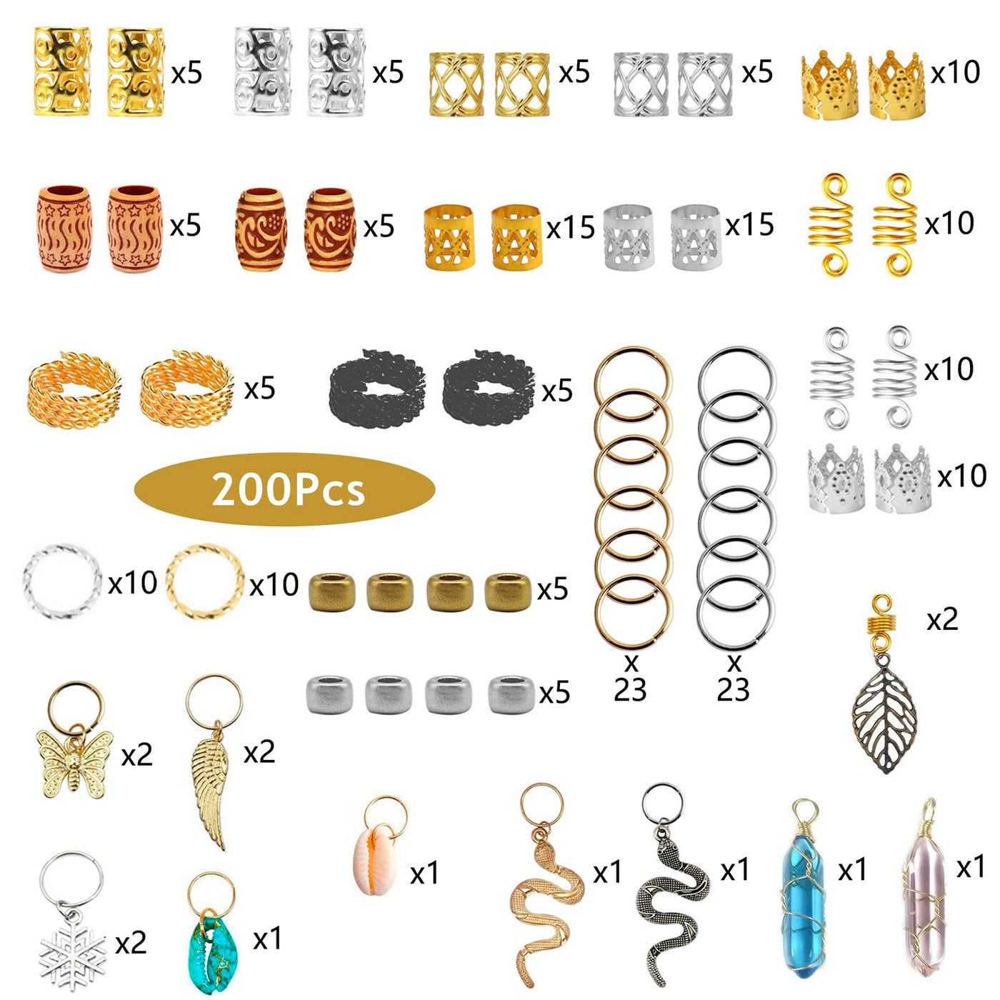 Pack of 180 Dreadlocks Jewellery, Dreadlocks Decoration Loc Hair Accessories for Women Braids Hair Accessories Imitation Wooden Beads Gold Metal Hair Rings Hair Cuffs Hair Bools Pendant for Braids