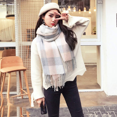 Plaid triangle scarf winter, pashmina scarf soft tassel wrap scarf