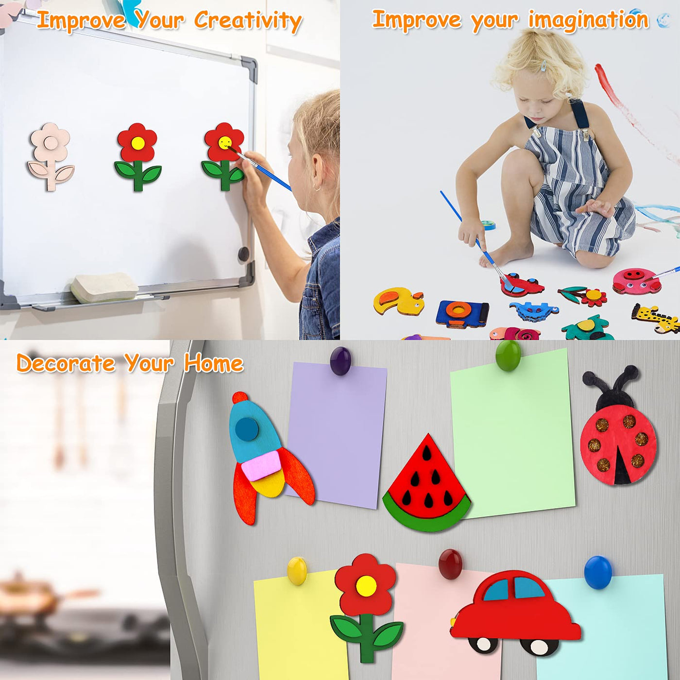 Set de peinture pour enfants, set de bricolage pour enfants 40 pièces aimant frigo pour peinture et bricolage aimant en bois