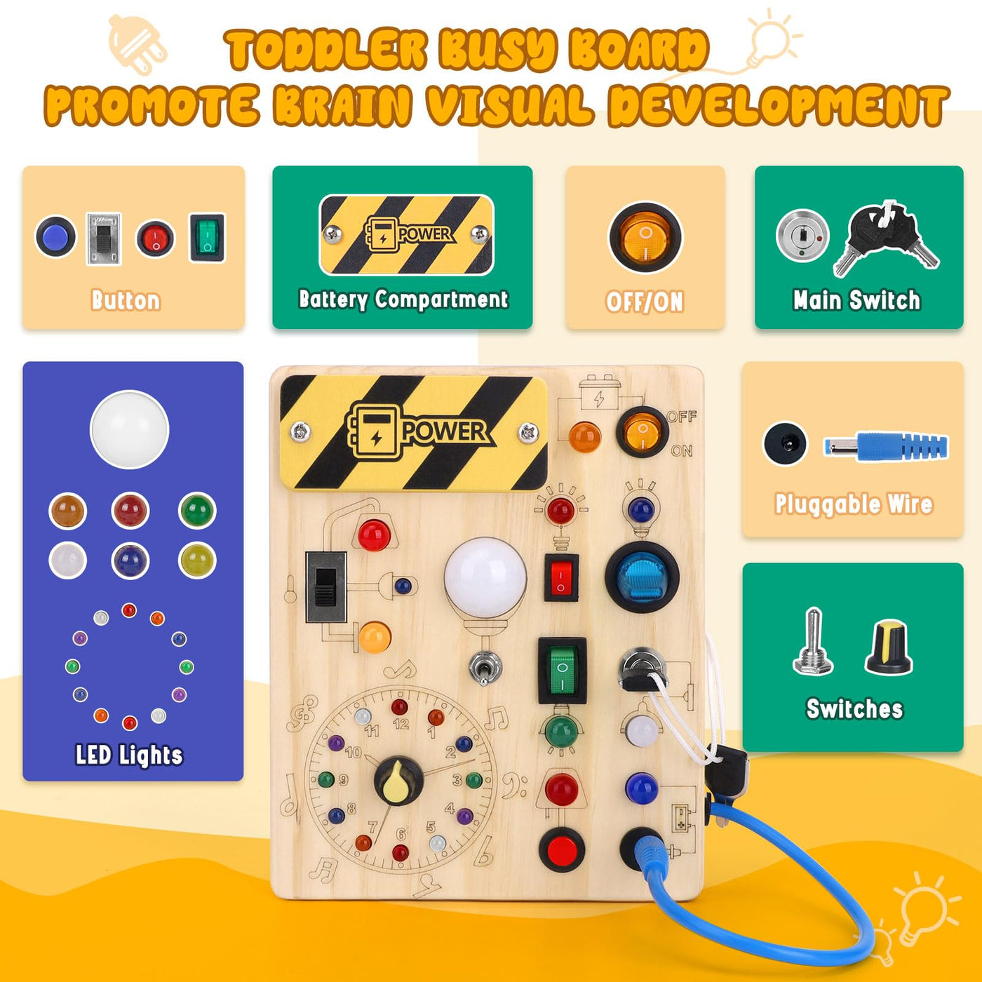 Busy Board old children's activity board wooden toy with 8 LED light switch toy Sensory Learning Toys