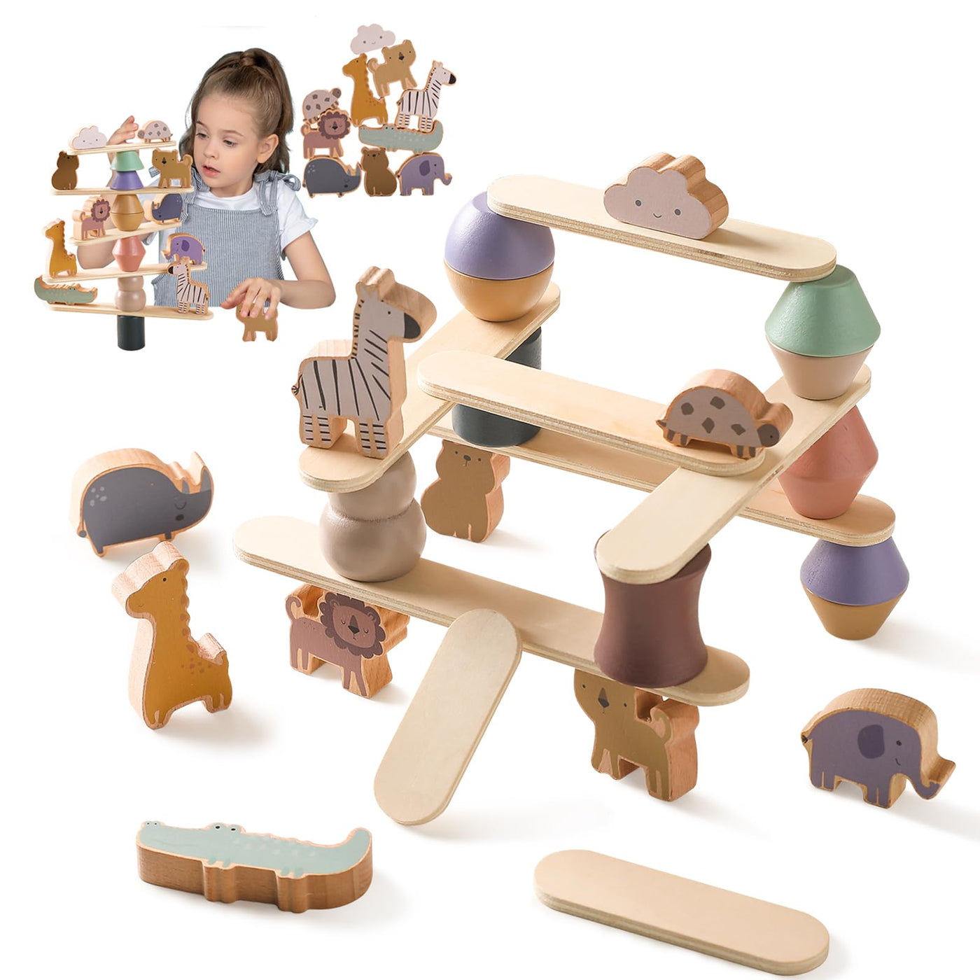 Animal play set made of wood for children, 20-pack of stacking toys in forest style, decorative cake, rustic decoration for home decor and children's room