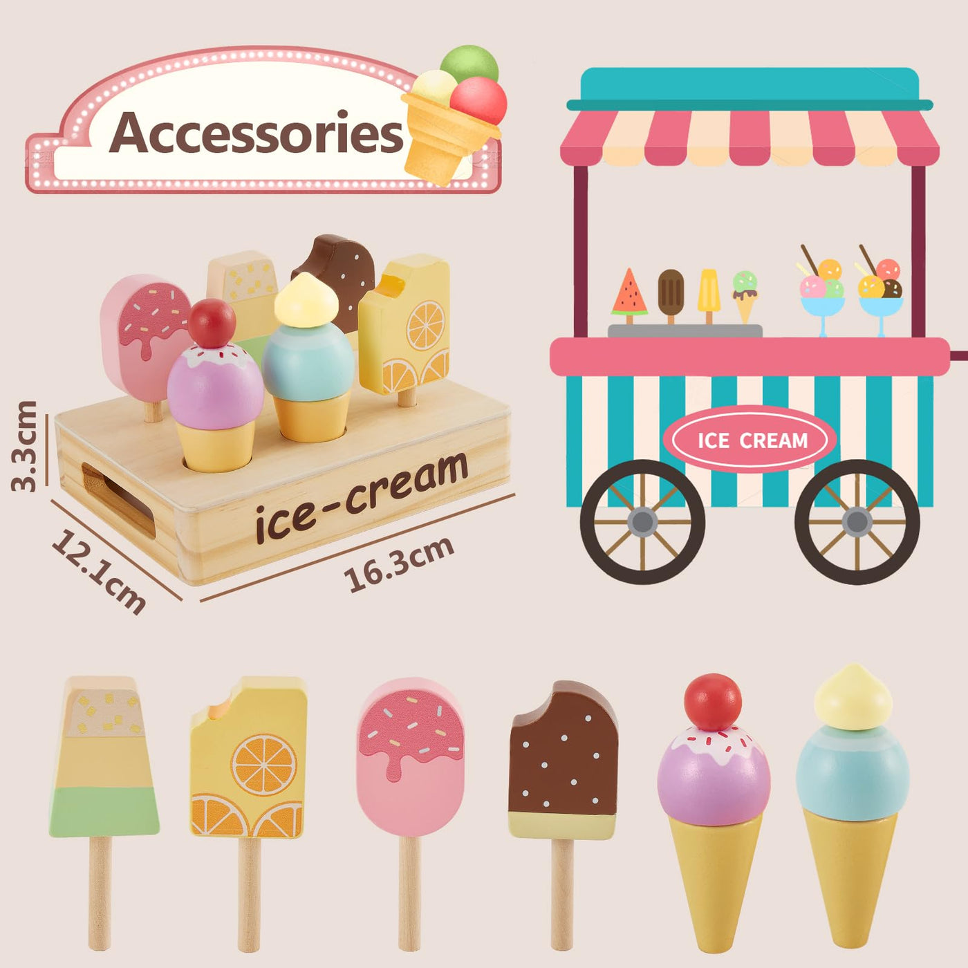 Ice cream toy ice cream parlor children wood, Popsicle toy store accessories play kitchen