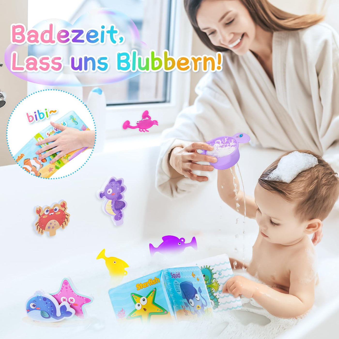 Jouets de bain Livre de bain, autocollants flottants pour l'heure du bain, gobelet empilable non étanche, jouets à ventouse, set de jouets de bain éducatif avec filet de rangement pour jouets de bain