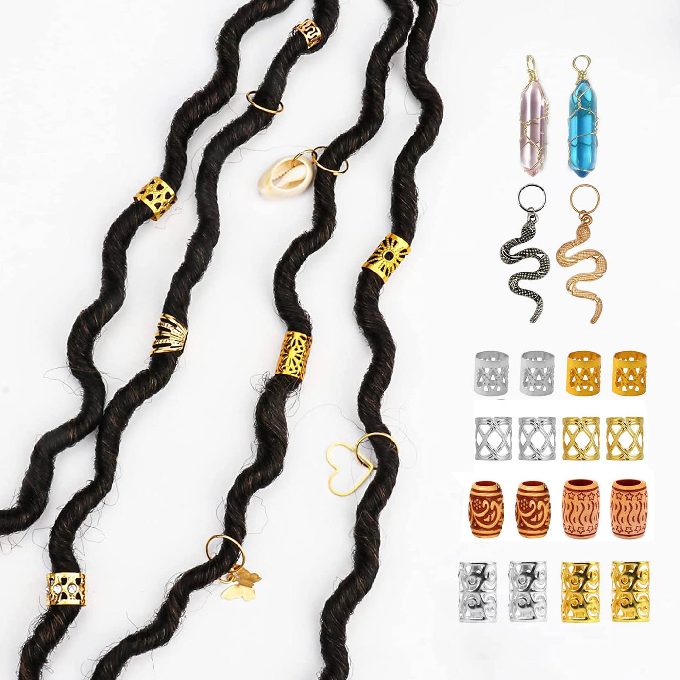 Pack of 180 Dreadlocks Jewellery, Dreadlocks Decoration Loc Hair Accessories for Women Braids Hair Accessories Imitation Wooden Beads Gold Metal Hair Rings Hair Cuffs Hair Bools Pendant for Braids