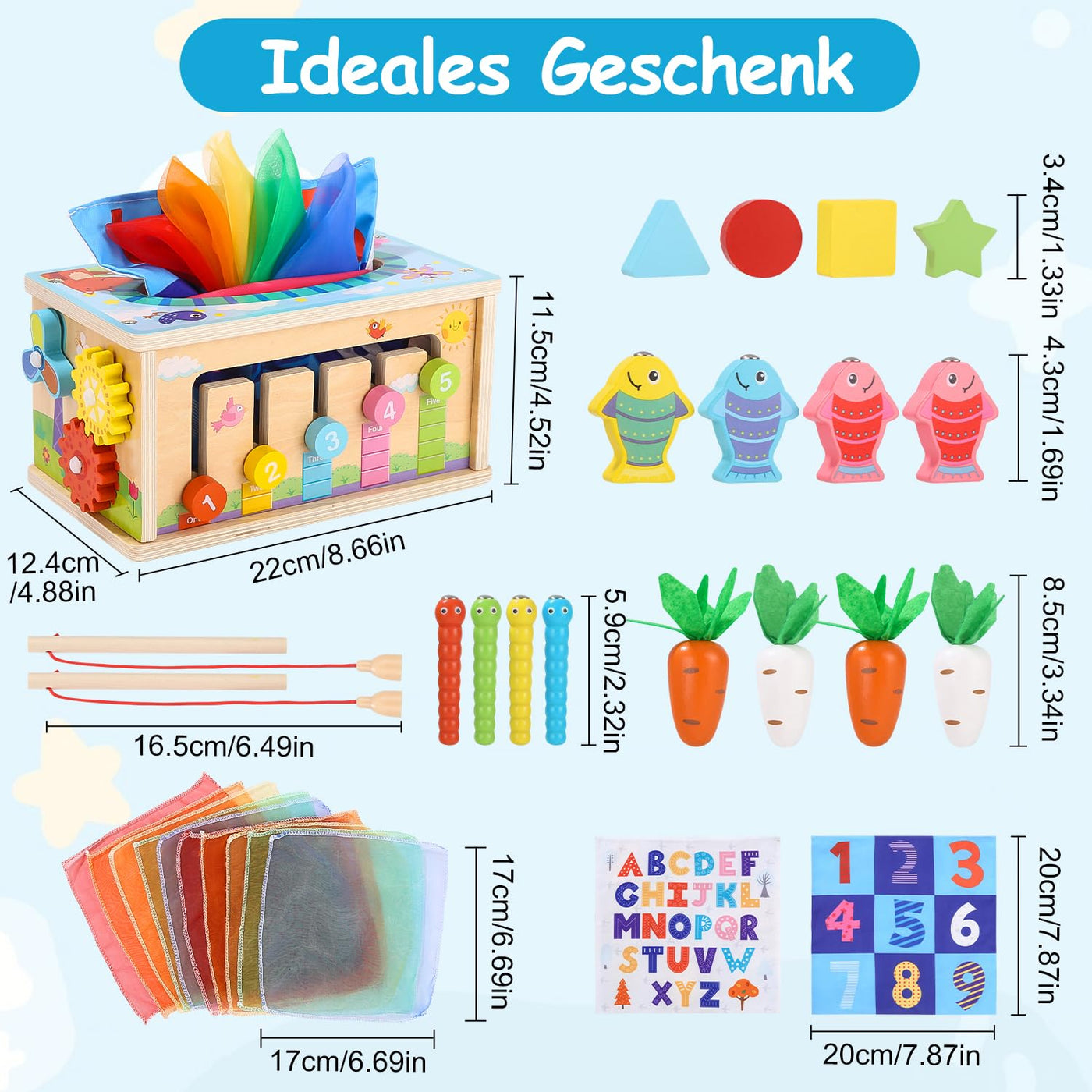 Spielzeug ab 1 2 3 Jahren, 6-in-1 Tissue Box mit Knitterstoff, Motorische Fähigkeiten Würfel Holzspielzeug, Kinderspielzeug aus Holz, Motorische Fähigkeiten Spielzeug ab 1 Jahr