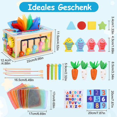 Spielzeug ab 1 2 3 Jahren, 6-in-1 Tissue Box mit Knitterstoff, Motorische Fähigkeiten Würfel Holzspielzeug, Kinderspielzeug aus Holz, Motorische Fähigkeiten Spielzeug ab 1 Jahr