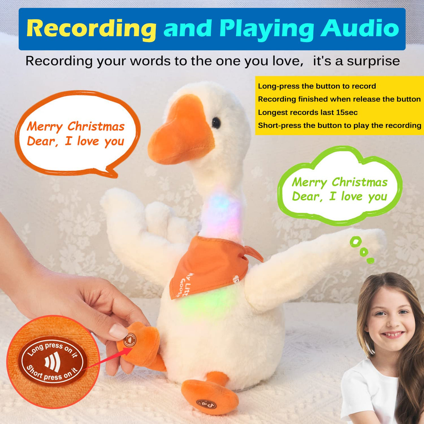 talking dancing goose that repeats what you say, imitates, recording, plush, baby toy, musical English songs, sings