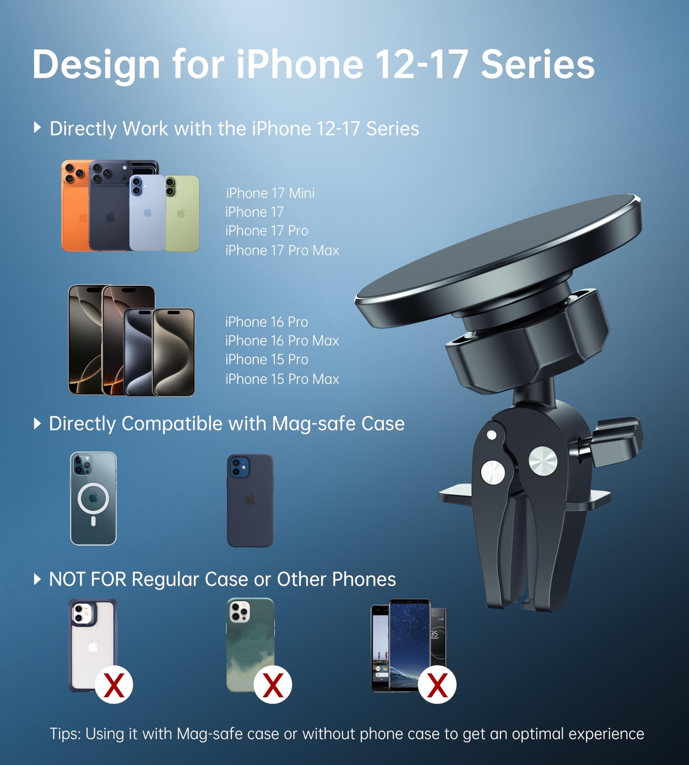 Magnetic mobile phone holder for the car with 4 cable clips