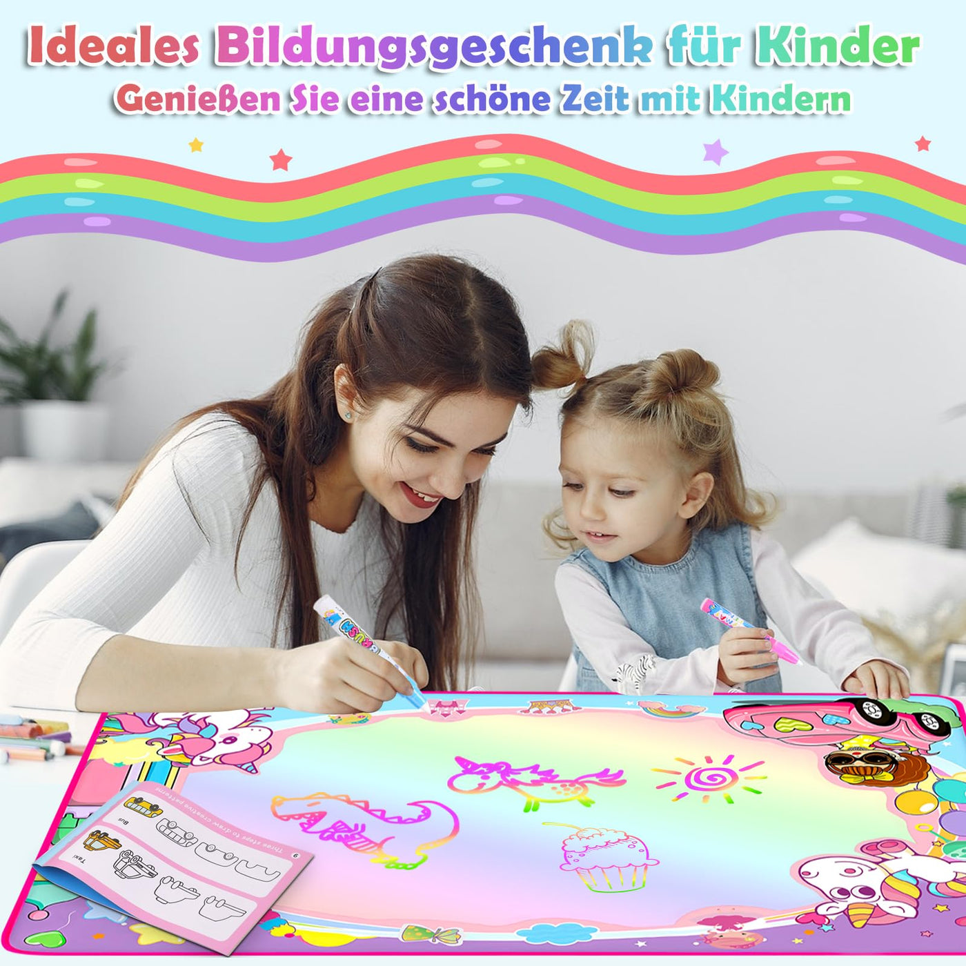 Malmatte mit Wasserstift Wassermatte DoodleWater Malmatte Super Drawing Mat mit 3 Wasserstiften 18 Stempelset Aufbewahrung 