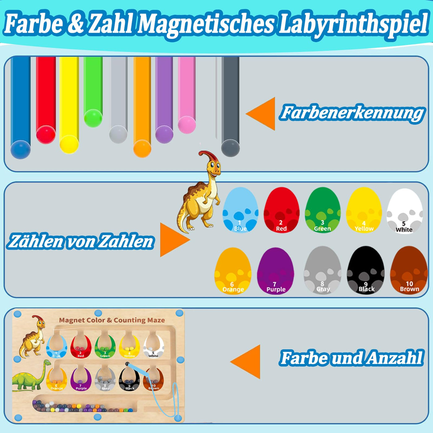 Jouet en bois labyrinthe magnétique - dinosaure, jouet de motricité avec les chiffres et les couleurs