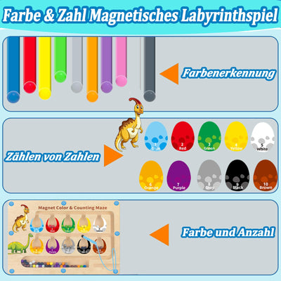 Jouet en bois labyrinthe magnétique - dinosaure, jouet de motricité avec les chiffres et les couleurs