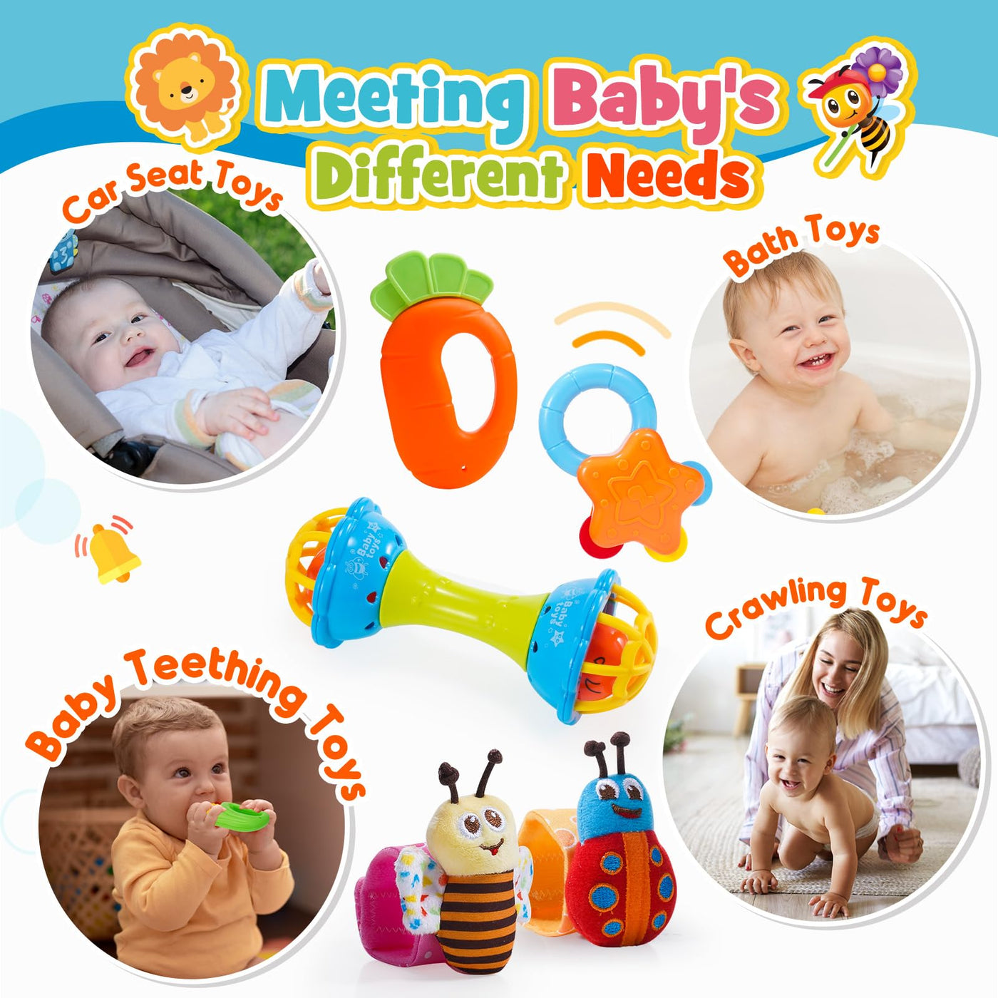 Jouets pour Bébés 14 Pièces Hochets Ensemble de Dentition Jouets pour Bébés