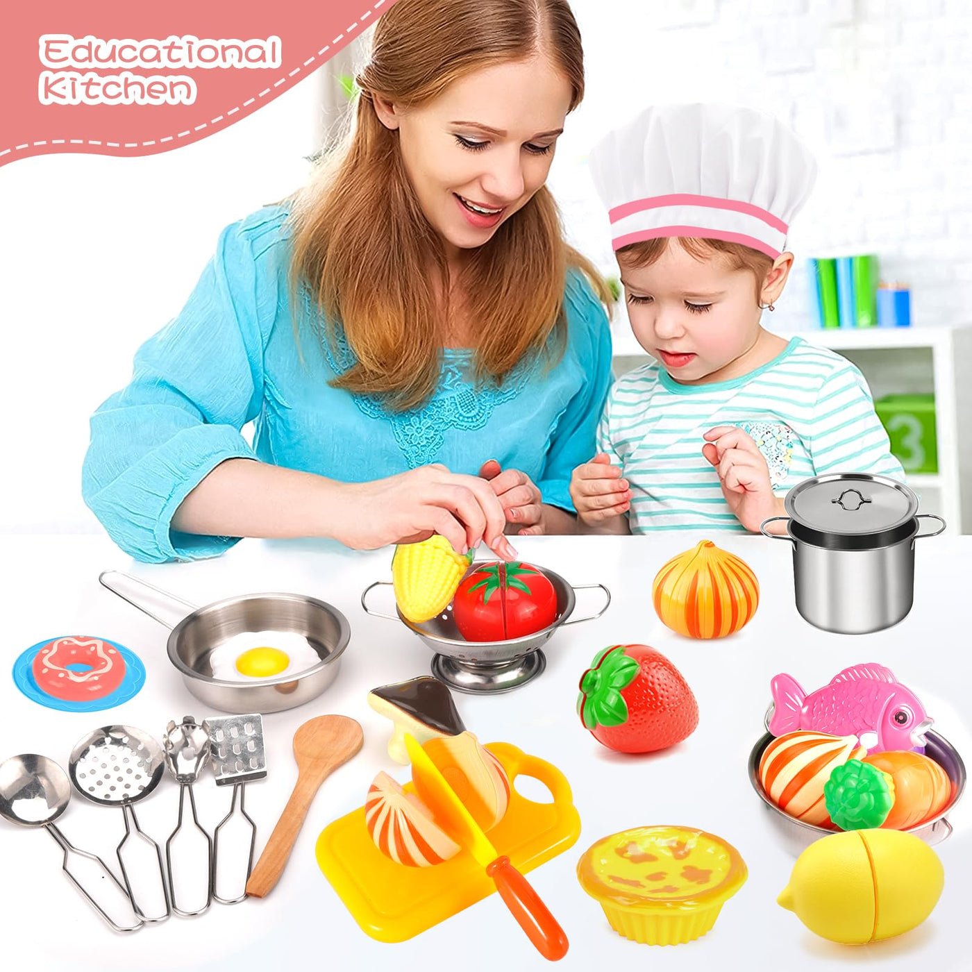 Children's kitchen accessories, stainless steel cooking set children's toy, doll's kitchen accessories, food toy