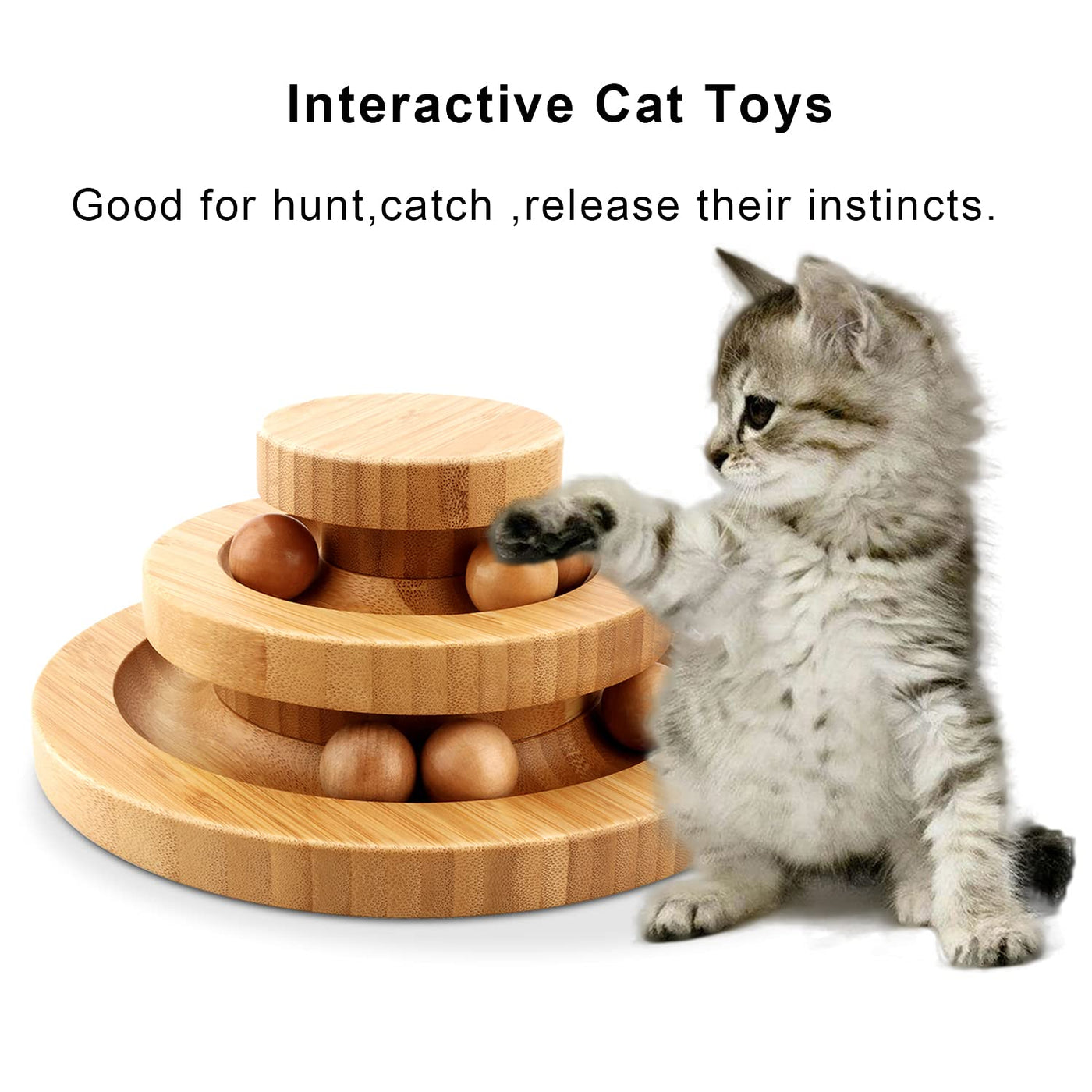 Jouet interactif pour chat en bois à double couche avec bille rotative et rouleau à bascule pour chats