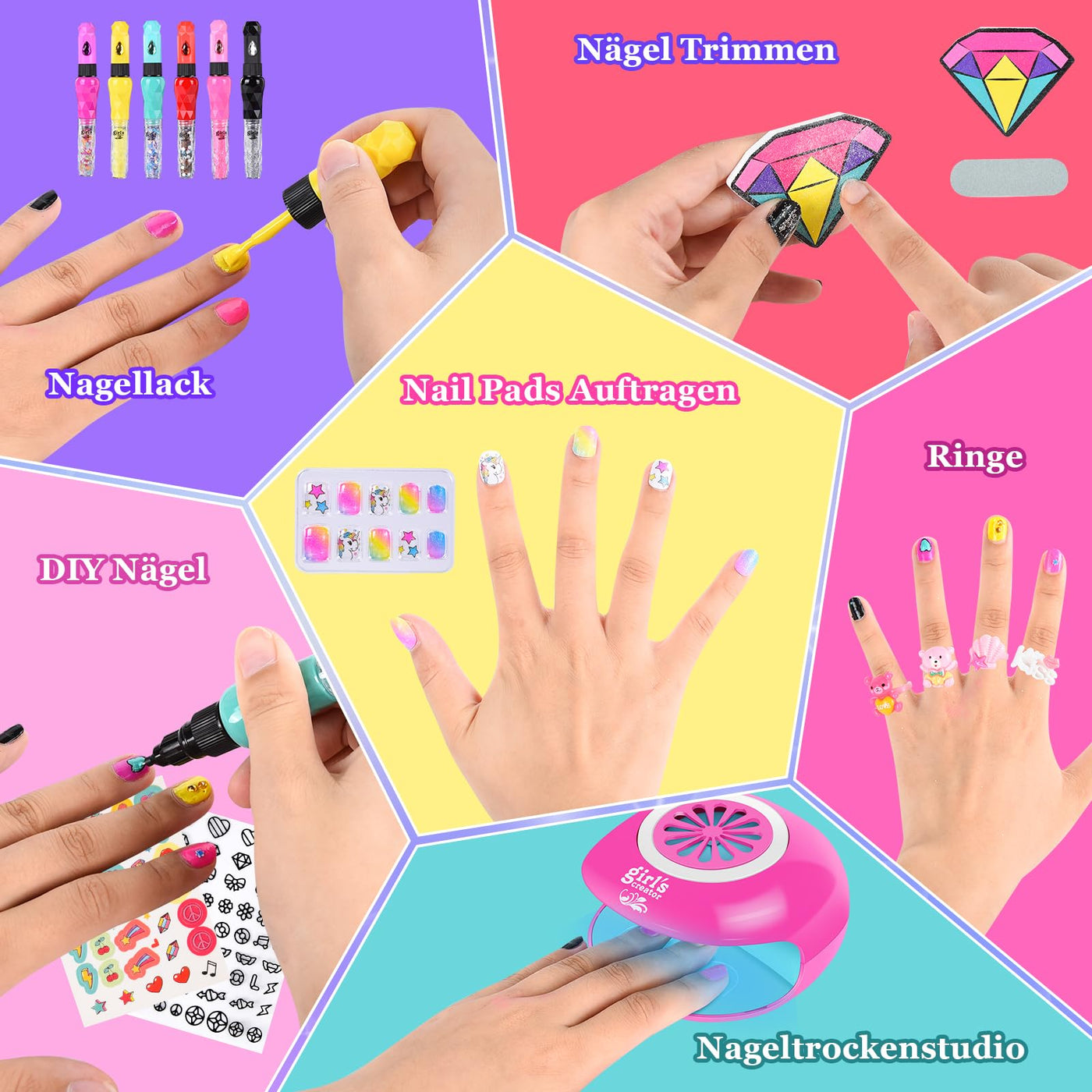 Filles pour enfants Nail Studio, Coffret Cadeau 33 pièces pour Filles, Cadeaux pour enfants Nail Design, Machine à maquillage, Studio à ongles, Nail Art