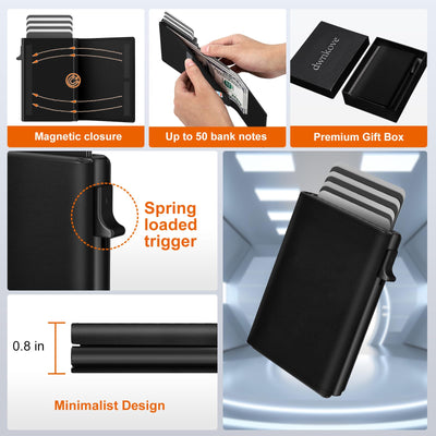 Card case, slim wallet with magnetic closure and coin pocket, pop-up smart wallet made of carbon fiber and credit card case for 9 to 14 cards