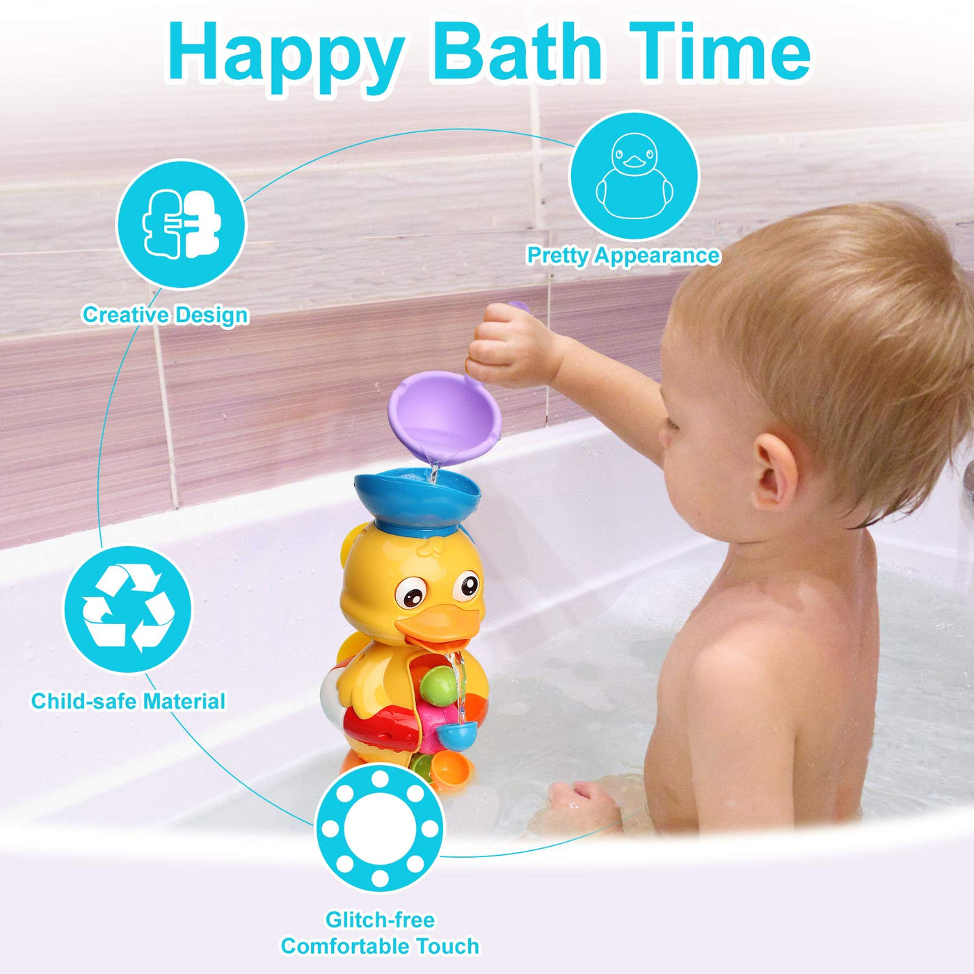 Toddler duck bath toy with water wheel & rotating eyes, children's bath toy with suction cups/water scoop