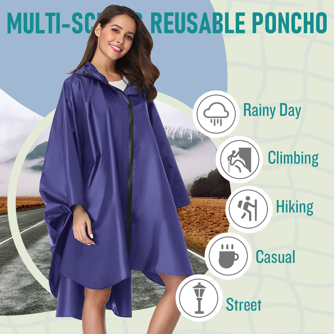 Rain cape with hood zipper, reusable raincoat, rain poncho bike hiking