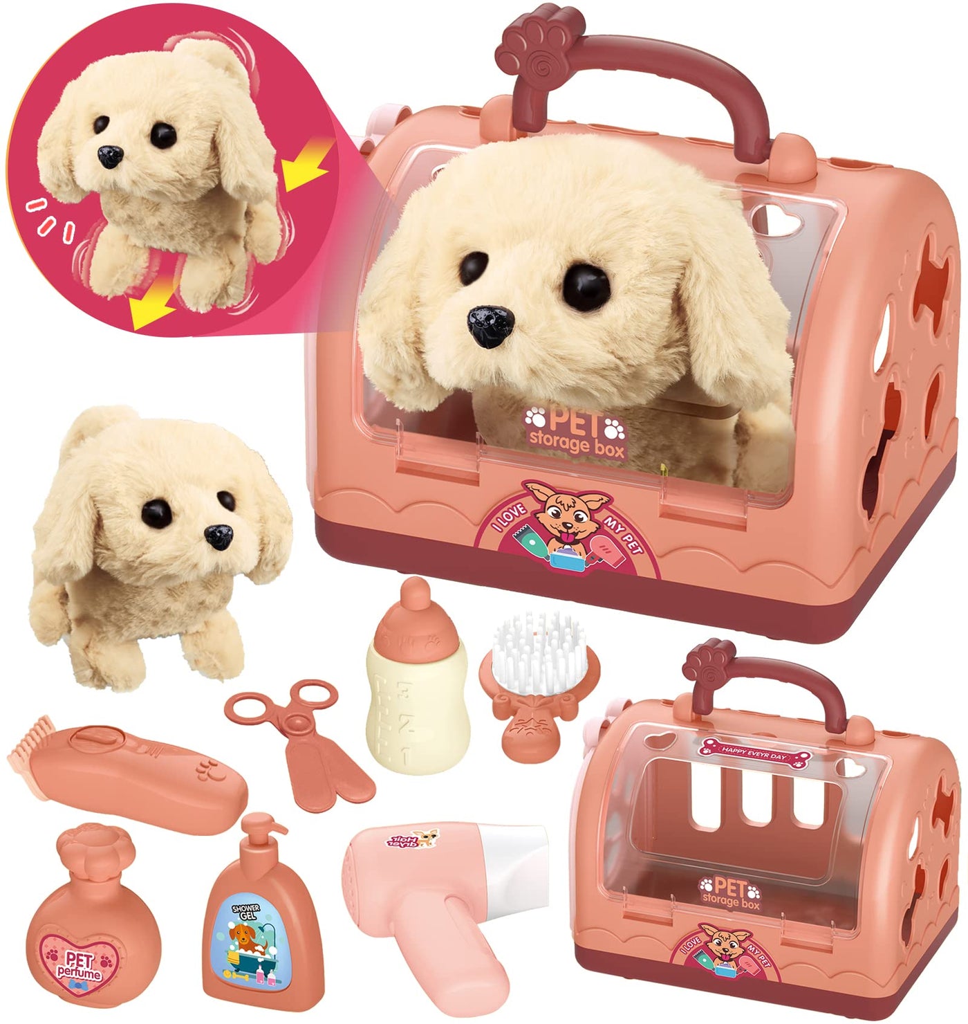 Jouet Robot Chien Docteur Valise Enfants, Jouet Vétérinaire Jeux de Rôle Enfants 12 pcs avec Cage Electronique Chien Courant Aboyant & Transport