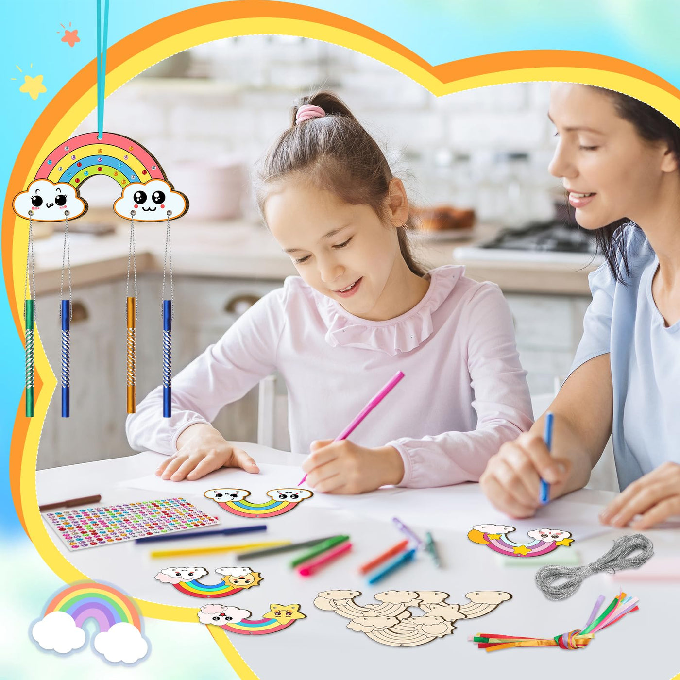 Wind chime craft set for children, rainbow wooden chime craft craft for painting