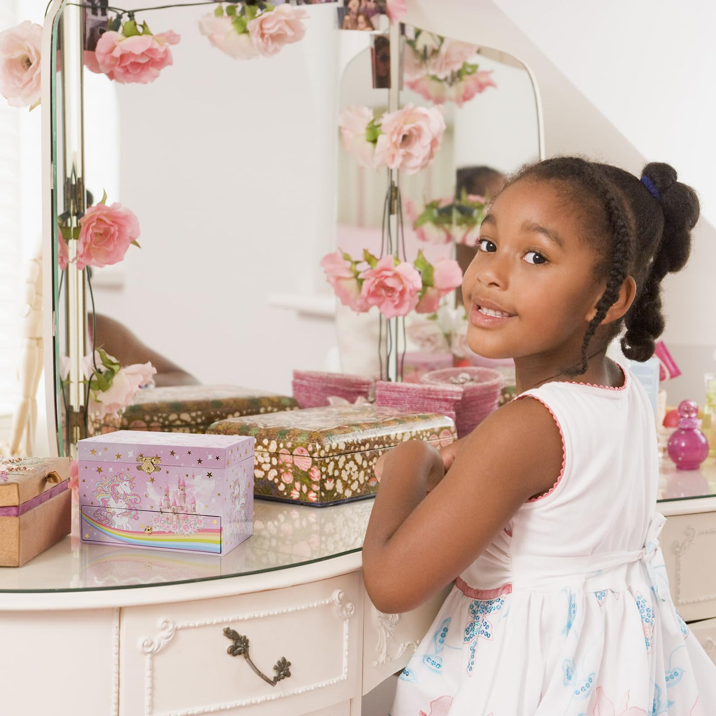 Boîte à musique pour enfants boîte à bijoux avec boîte à musique licorne et fleurs préservées, boîte à bijoux avec mélodie