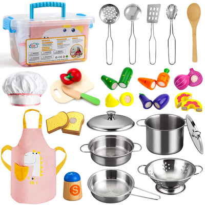 Kitchen toy accessories, children's kitchen cookware with stainless steel pots and pans set, apron and chef's hat, vegetable food toy role play set