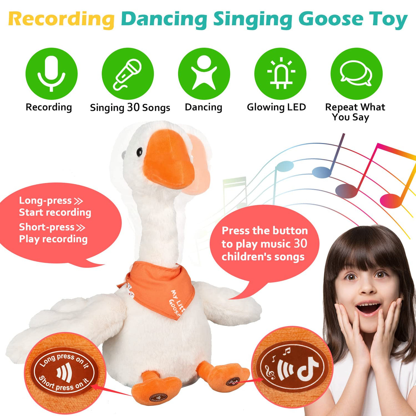 talking dancing goose that repeats what you say, imitates, recording, plush, baby toy, musical English songs, sings