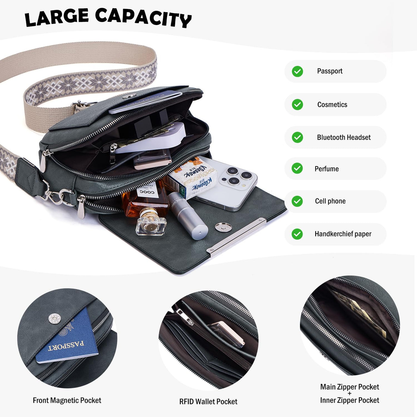 Handy Umhängetasche, Vegan Leder Crossbody Bag Umhängetasche mit verstellbarem abnehmbarem breitem Riemen