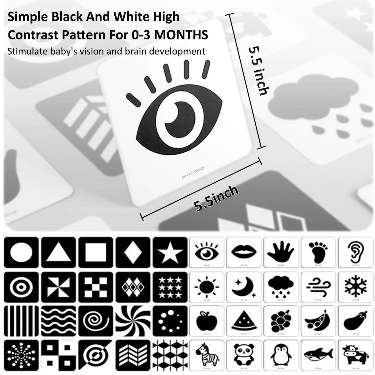 High Contrast Baby Flashcard, Colorful Visual Stimulation Learning Activity Card for Babies