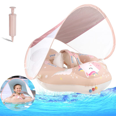 Baby floating ring with removable sun canopy, baby buoyancy aid with floating seat, inflatable swim trainer with anti-tip float