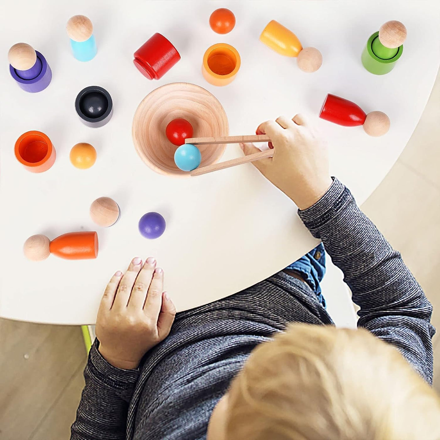 Wooden sorting stacking toy, pieces of rainbow wooden balls in cups, baby toy for preschool for color sorting and counting