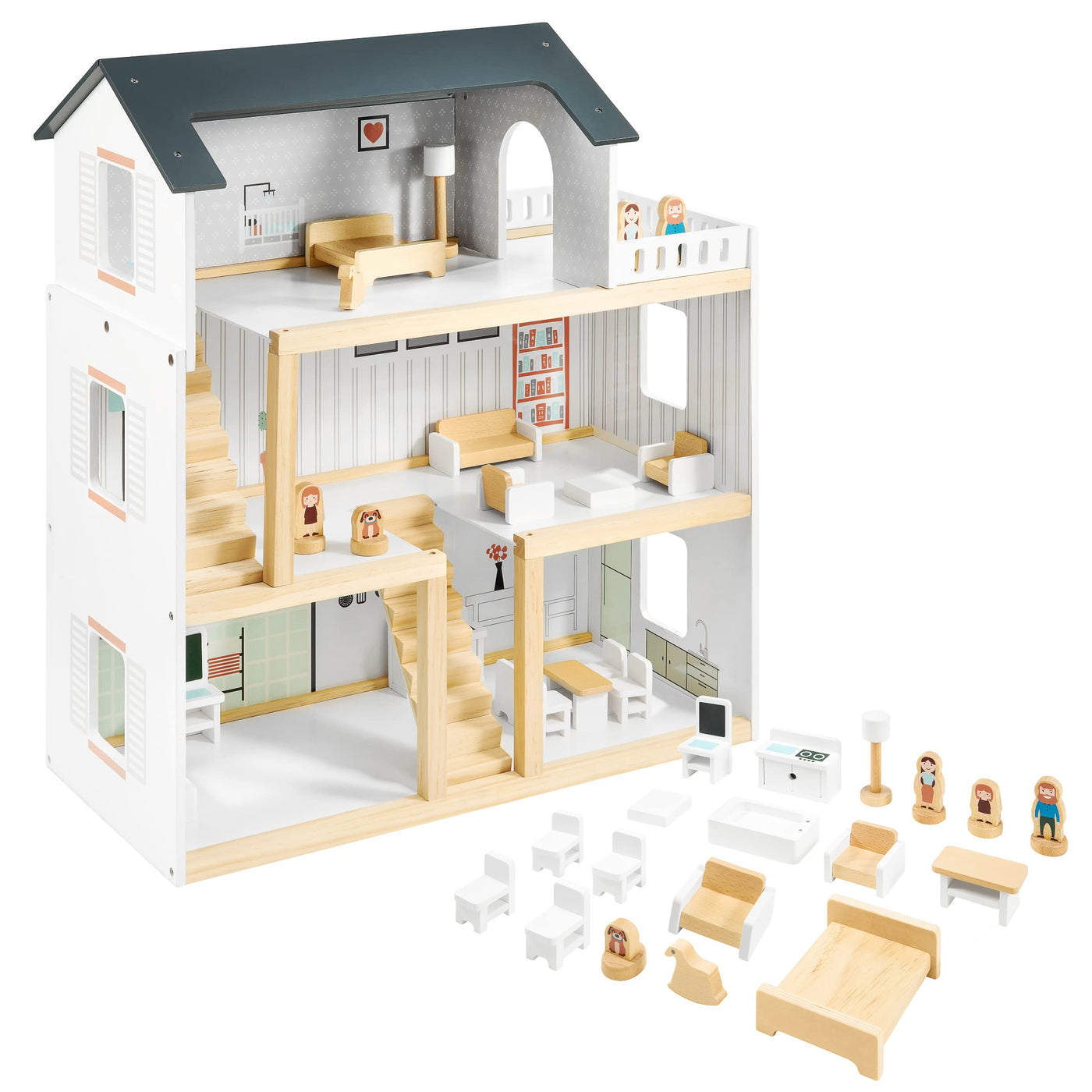 Holzpuppenhaus 3 Ebenen mit Möbeln,Accessoires - Skandinavisches Puppenhaus ab 3 Jahren - Puppenhaus mit Balkon, Holzmöbeln, Zimmer
