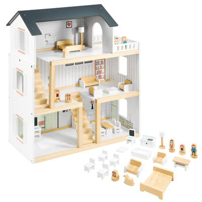 Holzpuppenhaus 3 Ebenen mit Möbeln,Accessoires - Skandinavisches Puppenhaus ab 3 Jahren - Puppenhaus mit Balkon, Holzmöbeln, Zimmer