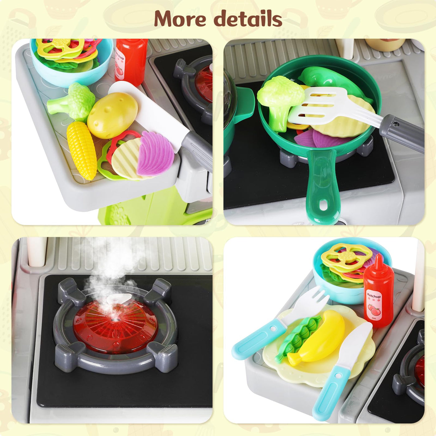 Cuisine pour enfants Cuisine avec Son Léger Vapeur d'Eau et Accessoires de Cuisine, Ensemble de Jeux de Cuisine pour Enfants avec Réfrigérateur Lave-vaisselle Cuisinière Évier Four Nourriture Jouet de Cuisine pour Enfants à partir de 3 ans