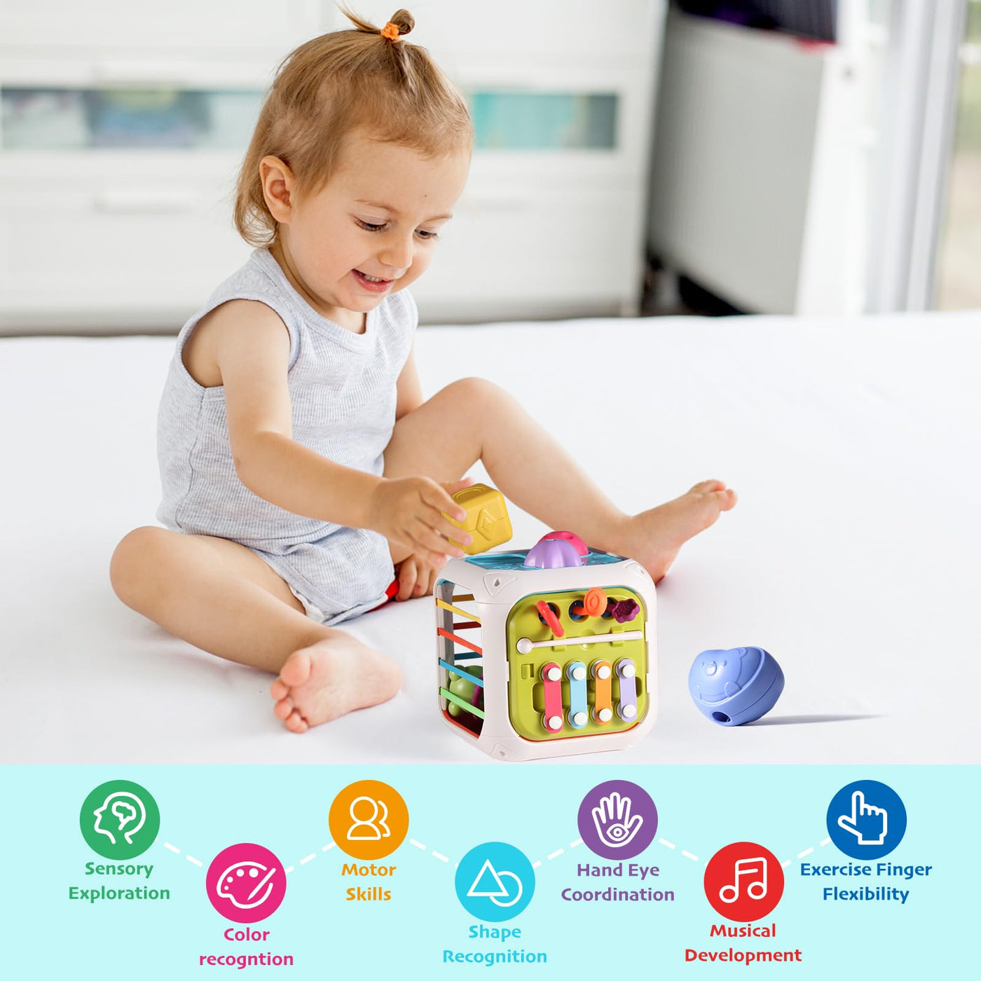 Activity cube 7-in-1 toddlers, motor skills cube sensory toy, baby toy and 6 multi-sensory shapes stacking board